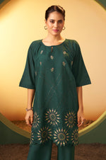 Women's Green Embroidered Flared Roman Silk Co-ord Set