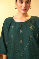 Women's Green Embroidered Flared Roman Silk Co-ord Set