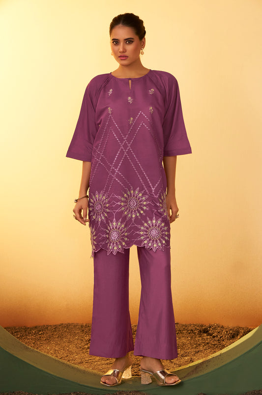 Women's Dusty Pink Embroidered Flared Roman Silk Co-ord Set