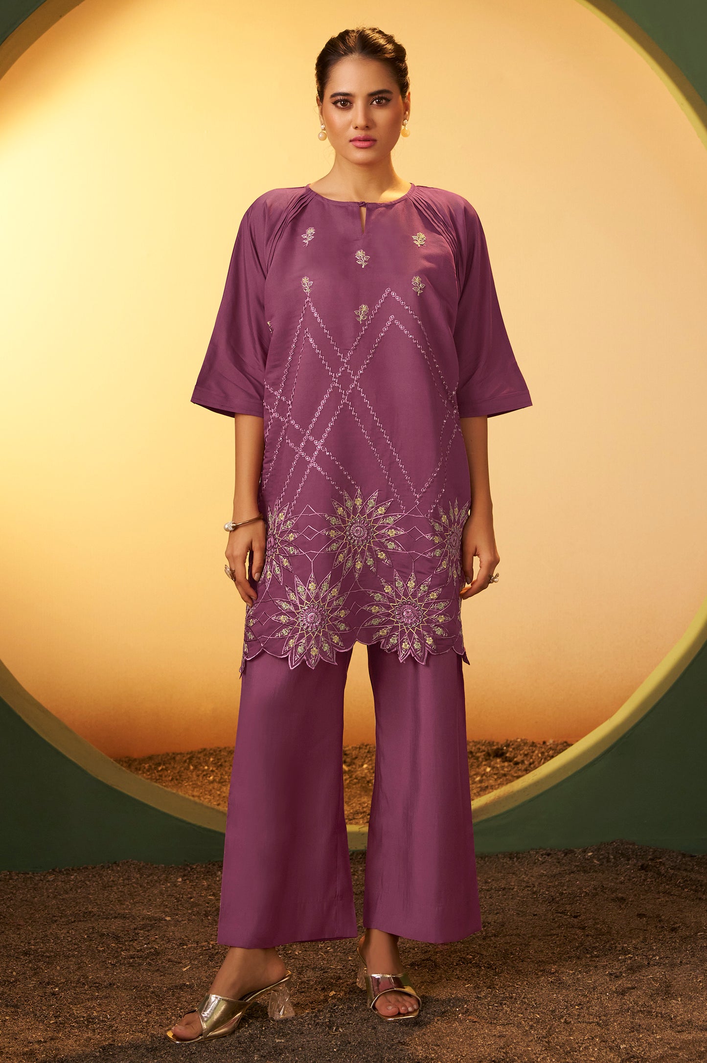 Women's Dusty Pink Embroidered Flared Roman Silk Co-ord Set