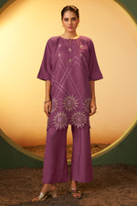 Women's Dusty Pink Embroidered Flared Roman Silk Co-ord Set