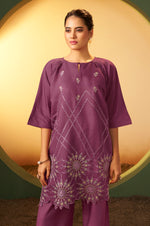 Women's Dusty Pink Embroidered Flared Roman Silk Co-ord Set