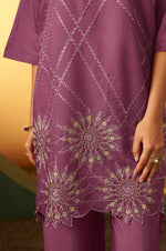 Women's Dusty Pink Embroidered Flared Roman Silk Co-ord Set