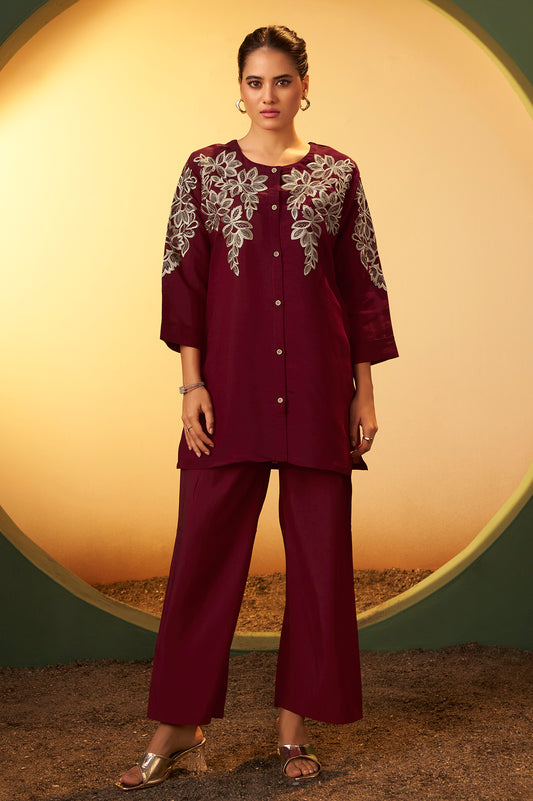 Women's Maroon Embroidered Flared Roman Silk Co-ord Set
