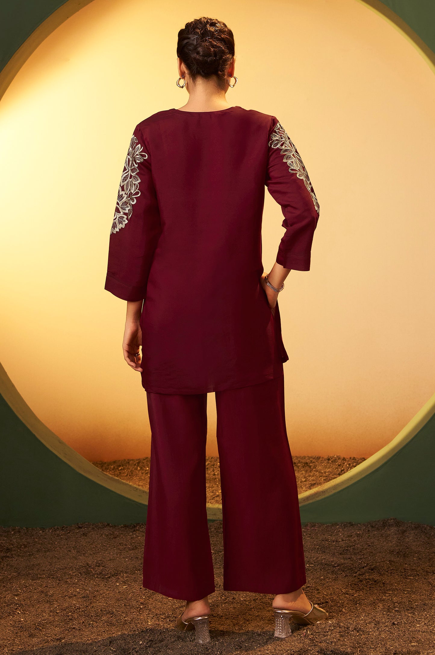 Women's Maroon Embroidered Flared Roman Silk Co-ord Set