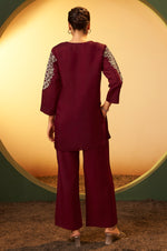 Women's Maroon Embroidered Flared Roman Silk Co-ord Set