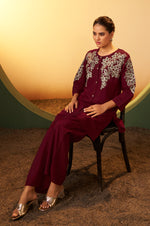 Women's Maroon Embroidered Flared Roman Silk Co-ord Set