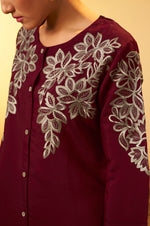 Women's Maroon Embroidered Flared Roman Silk Co-ord Set