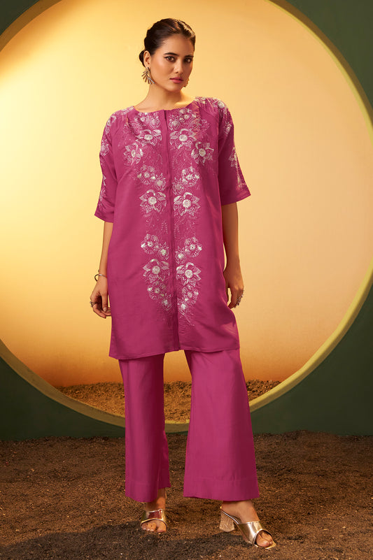 Women's Light Pink Embroidered Flared Roman Silk Co-ord Set