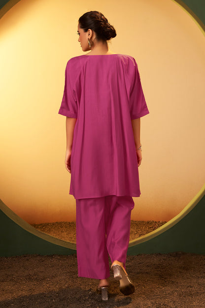Women's Light Pink Embroidered Flared Roman Silk Co-ord Set