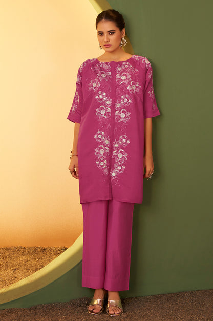Women's Light Pink Embroidered Flared Roman Silk Co-ord Set