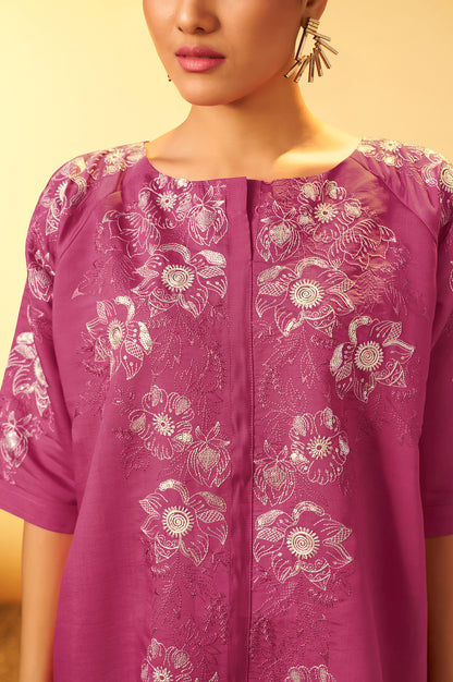 Women's Light Pink Embroidered Flared Roman Silk Co-ord Set
