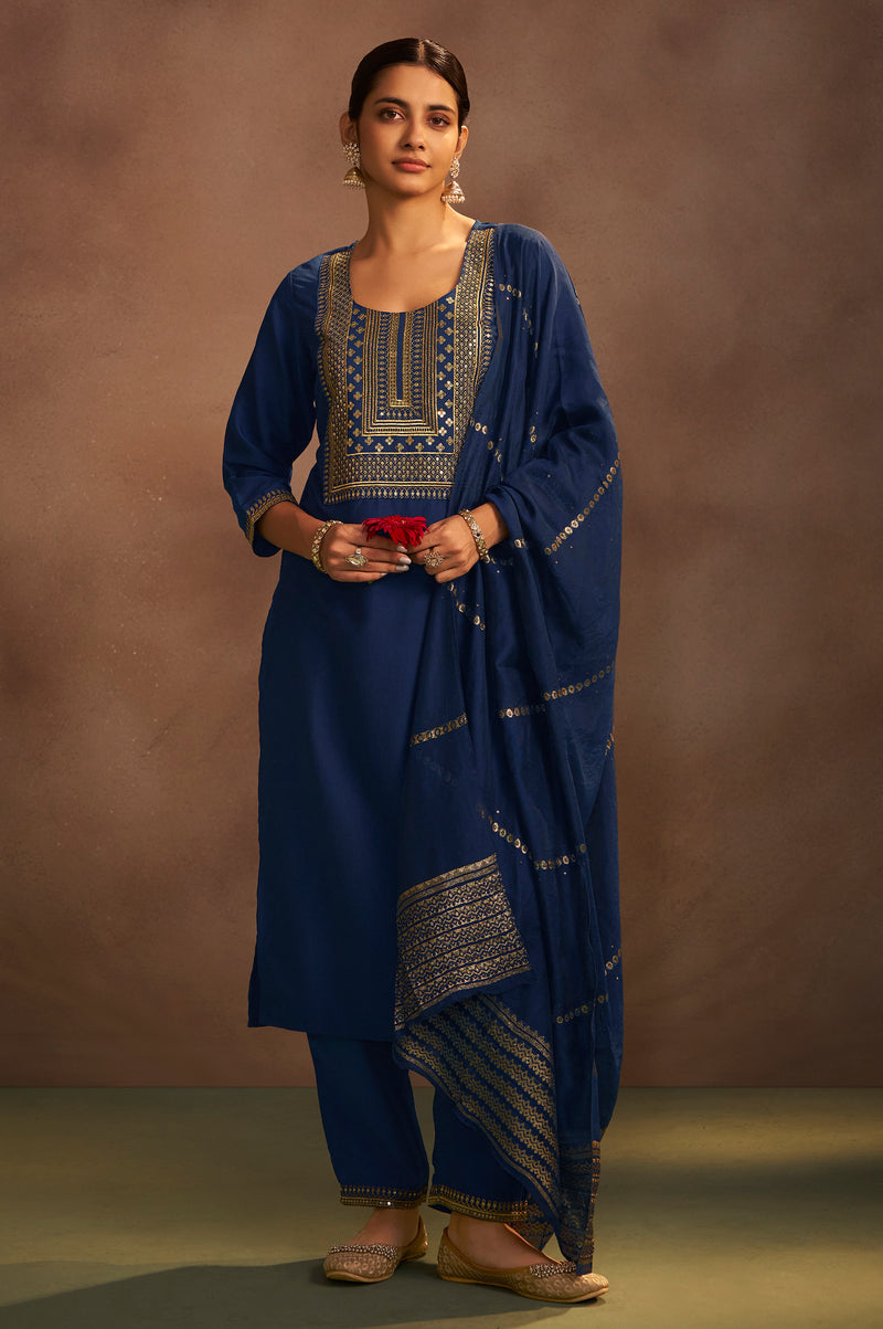 Navy Blue Chinnon Embroidered Kurta Set with Jacquard Dupatta
