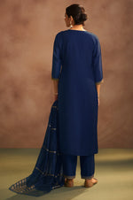 Navy Blue Chinnon Embroidered Kurta Set with Jacquard Dupatta