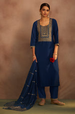 Navy Blue Chinnon Embroidered Kurta Set with Jacquard Dupatta