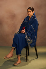 Navy Blue Chinnon Embroidered Kurta Set with Jacquard Dupatta