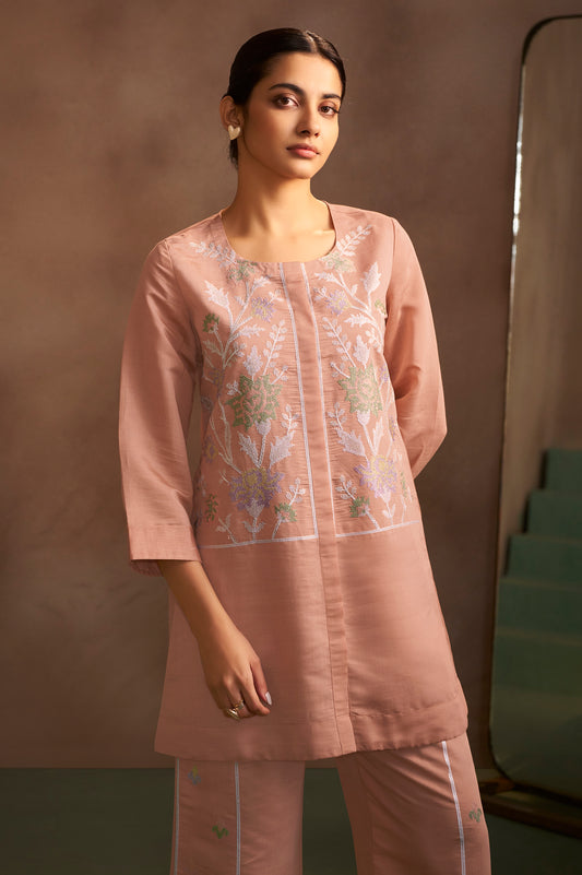 Women's Peach Embroidered Flared Roman Silk Co-ord Set