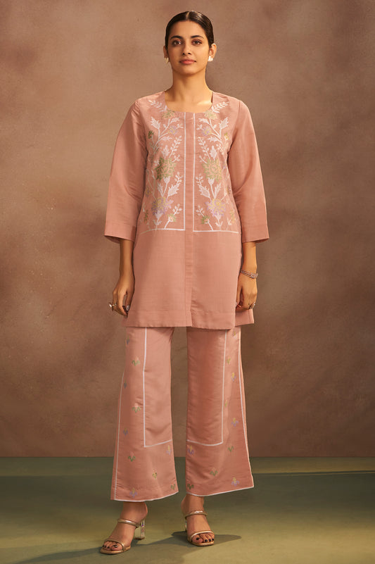 Women's Peach Embroidered Flared Roman Silk Co-ord Set