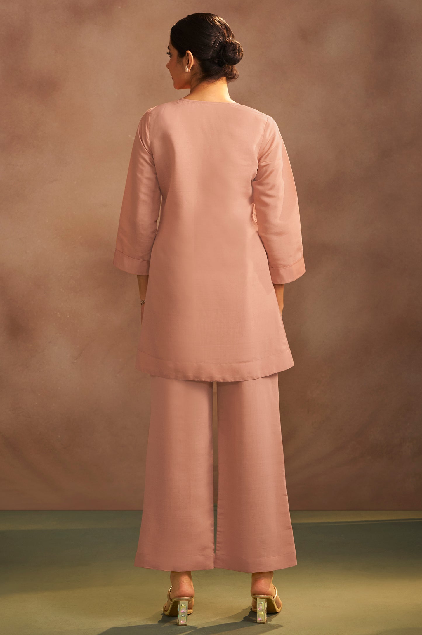 Women's Peach Embroidered Flared Roman Silk Co-ord Set