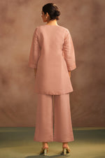 Women's Peach Embroidered Flared Roman Silk Co-ord Set