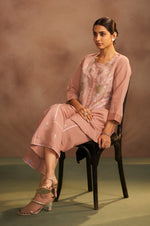 Women's Peach Embroidered Flared Roman Silk Co-ord Set