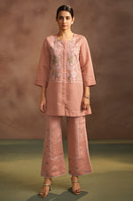 Women's Peach Embroidered Flared Roman Silk Co-ord Set