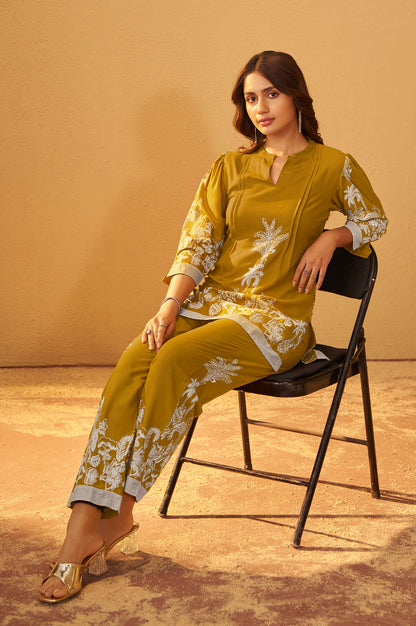 Mustard Rayon Floral Printed Co-Ord Set For Women