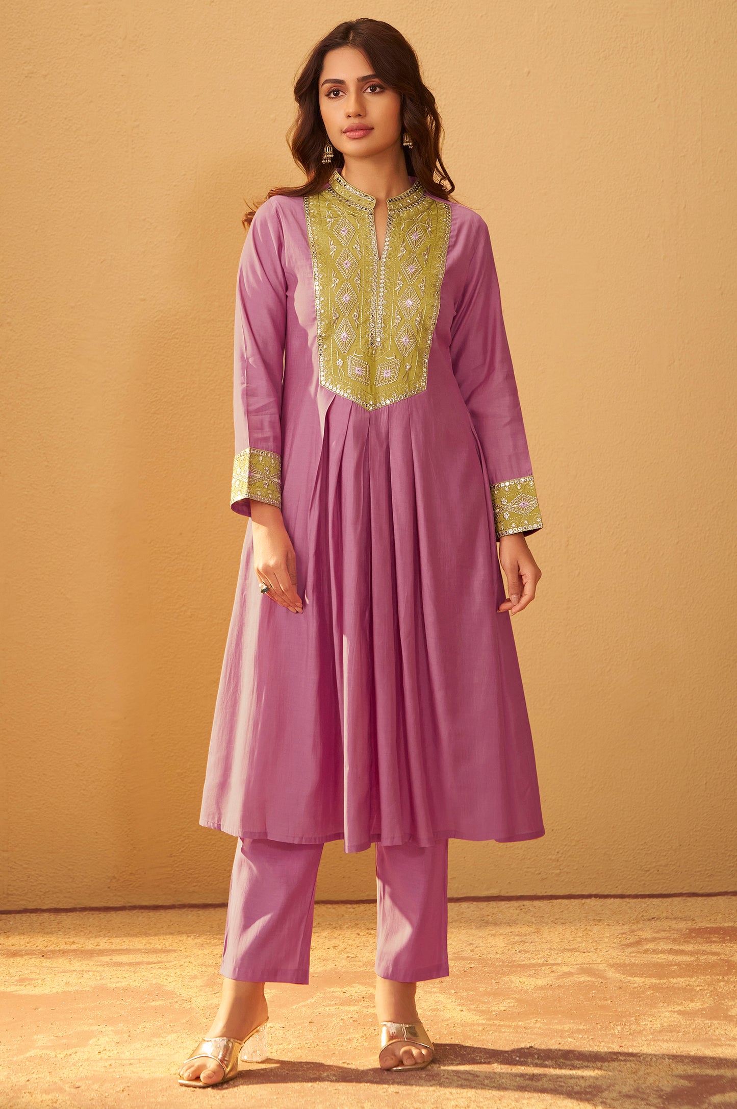 Women's Light Pink Roman Silk Embroidered Flared Co-ord Set