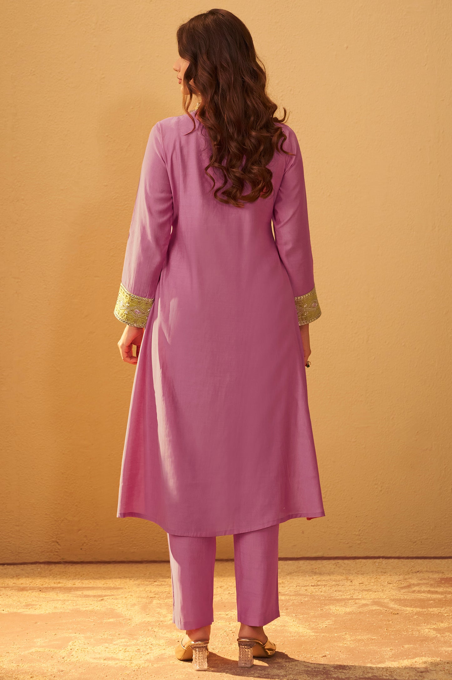 Women's Light Pink Roman Silk Embroidered Flared Co-ord Set