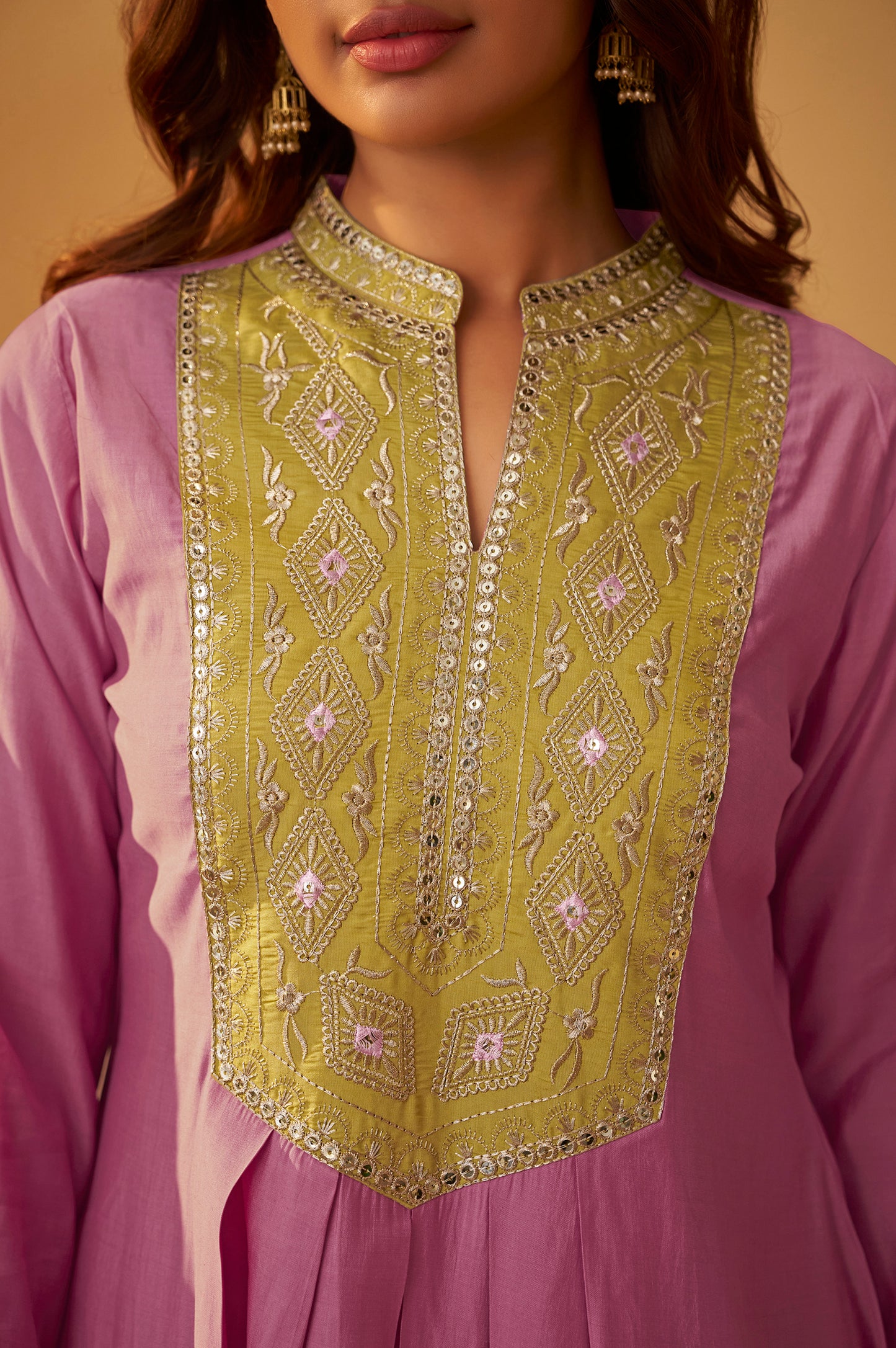 Women's Light Pink Roman Silk Embroidered Flared Co-ord Set