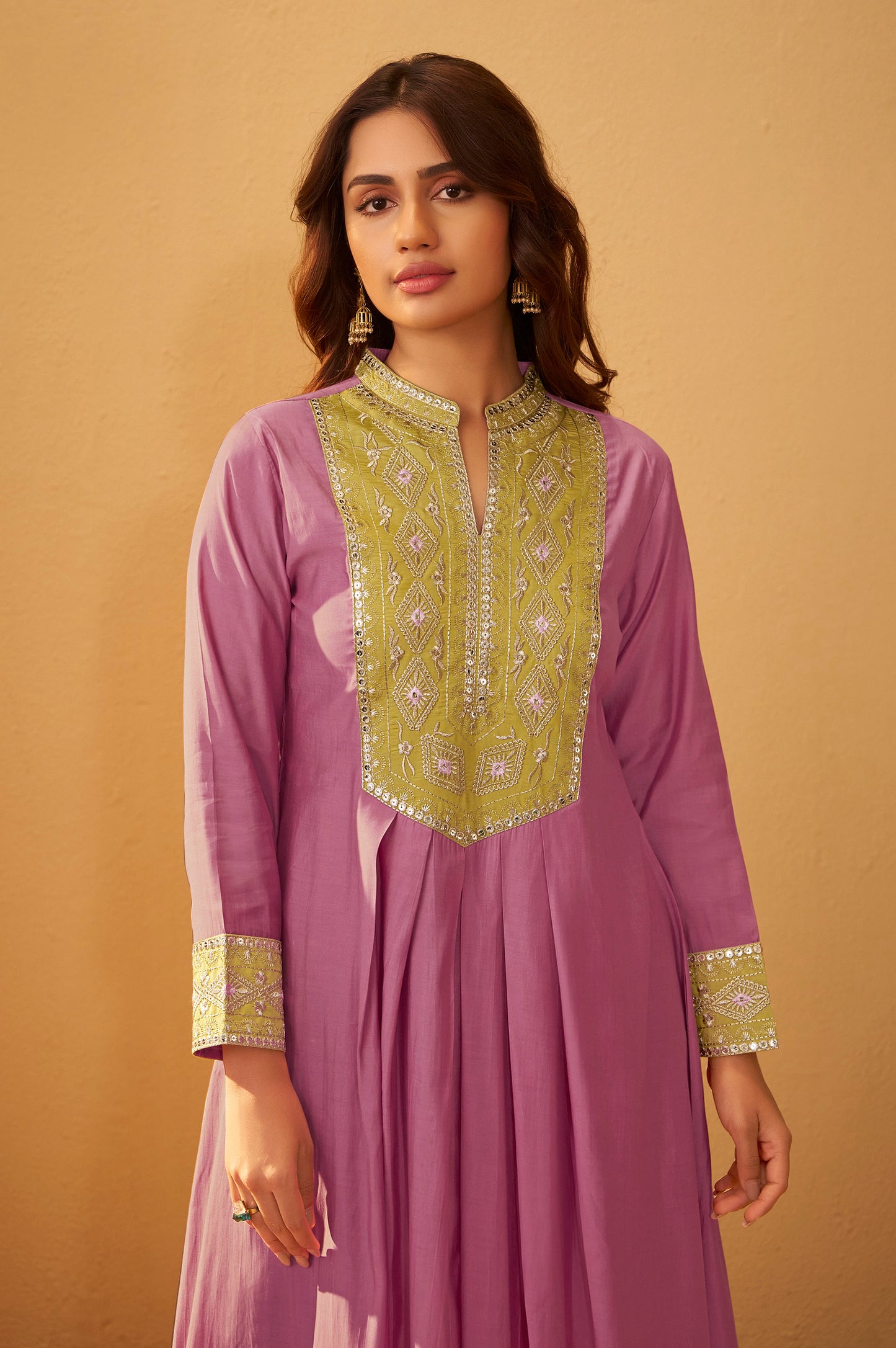 Women's Light Pink Roman Silk Embroidered Flared Co-ord Set