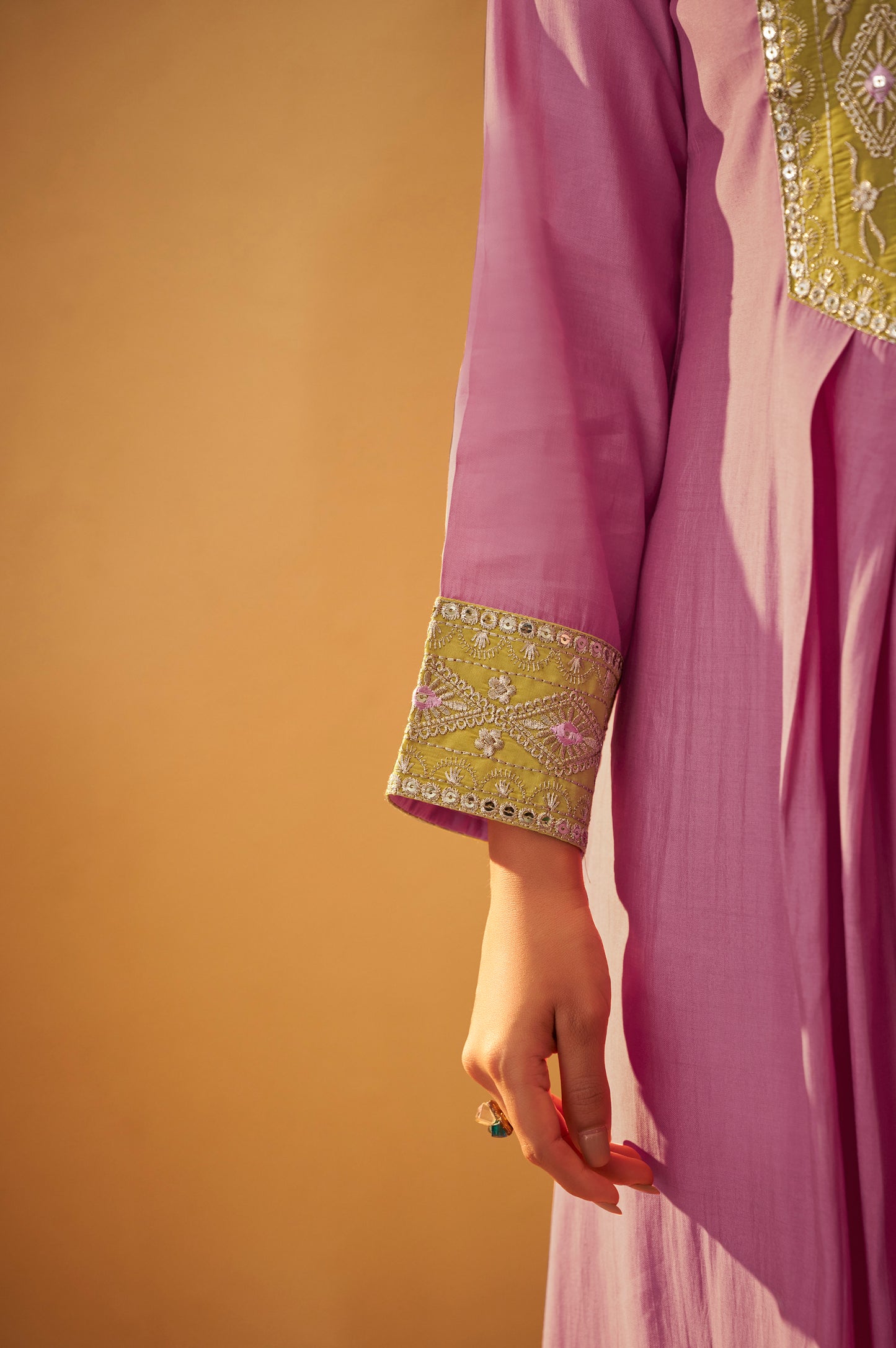 Women's Light Pink Roman Silk Embroidered Flared Co-ord Set