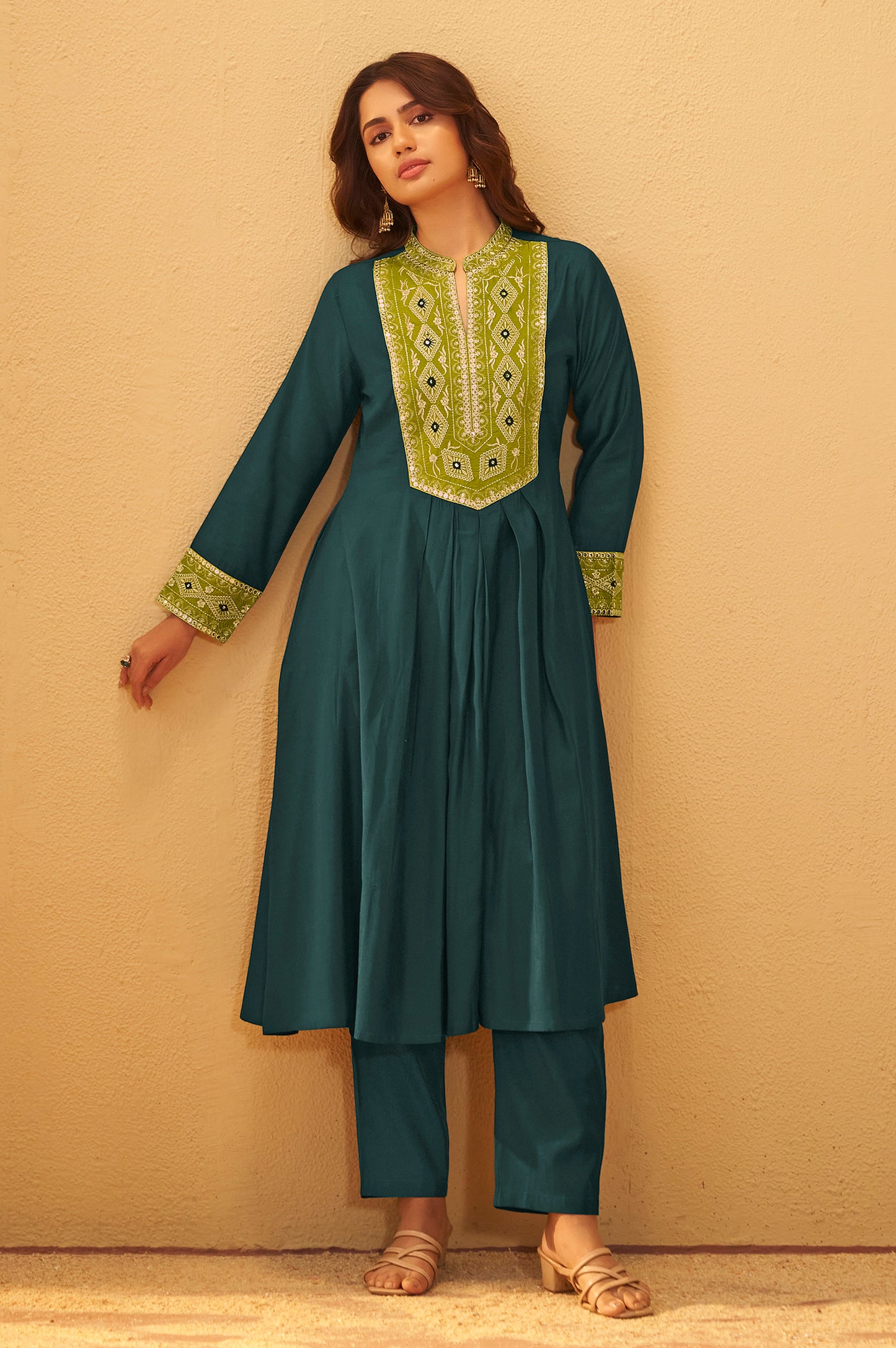 Women's Drak Green Roman Silk Embroidered Flared Co-ord Set