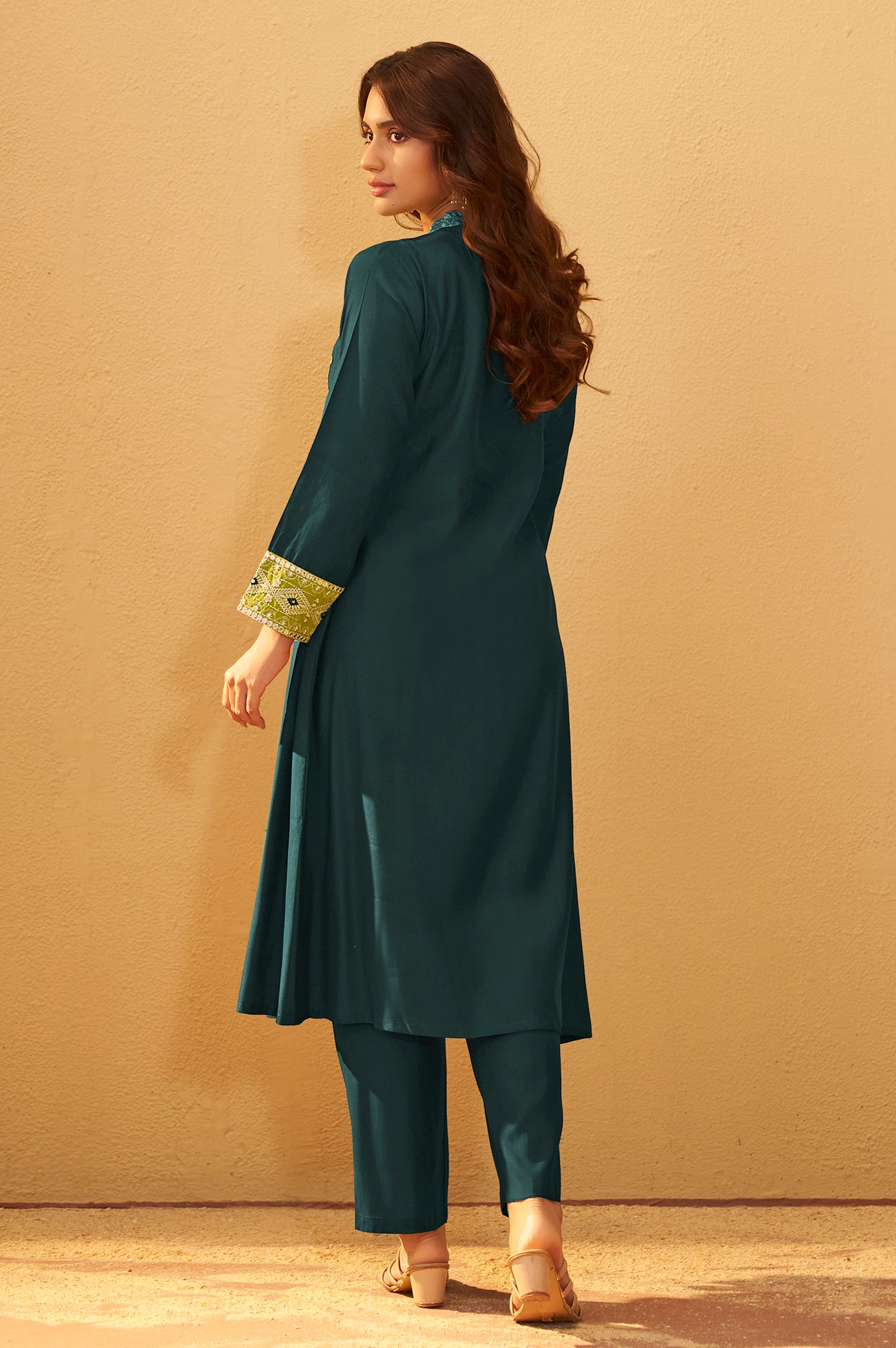 Women's Drak Green Roman Silk Embroidered Flared Co-ord Set