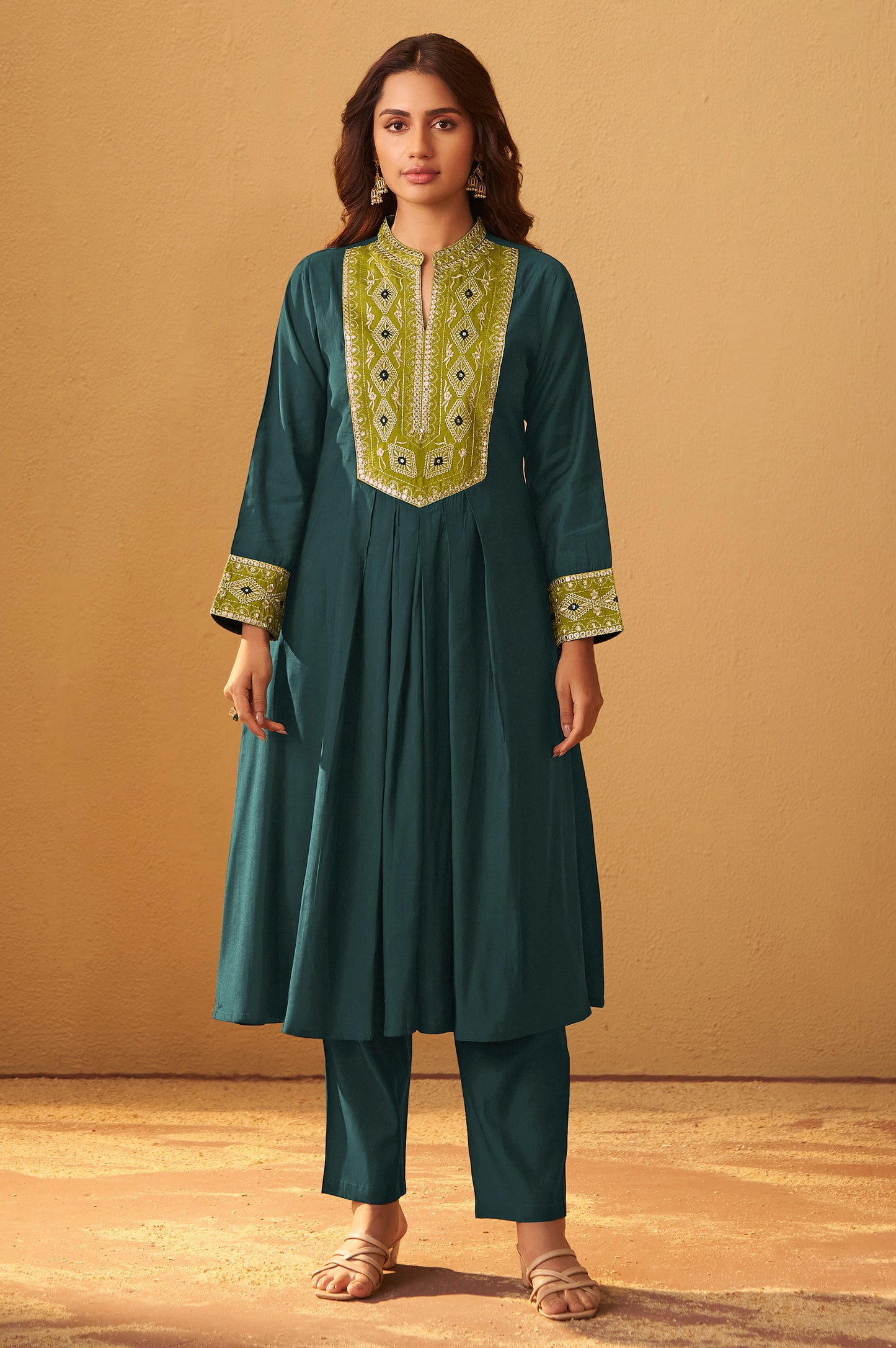 Women's Drak Green Roman Silk Embroidered Flared Co-ord Set
