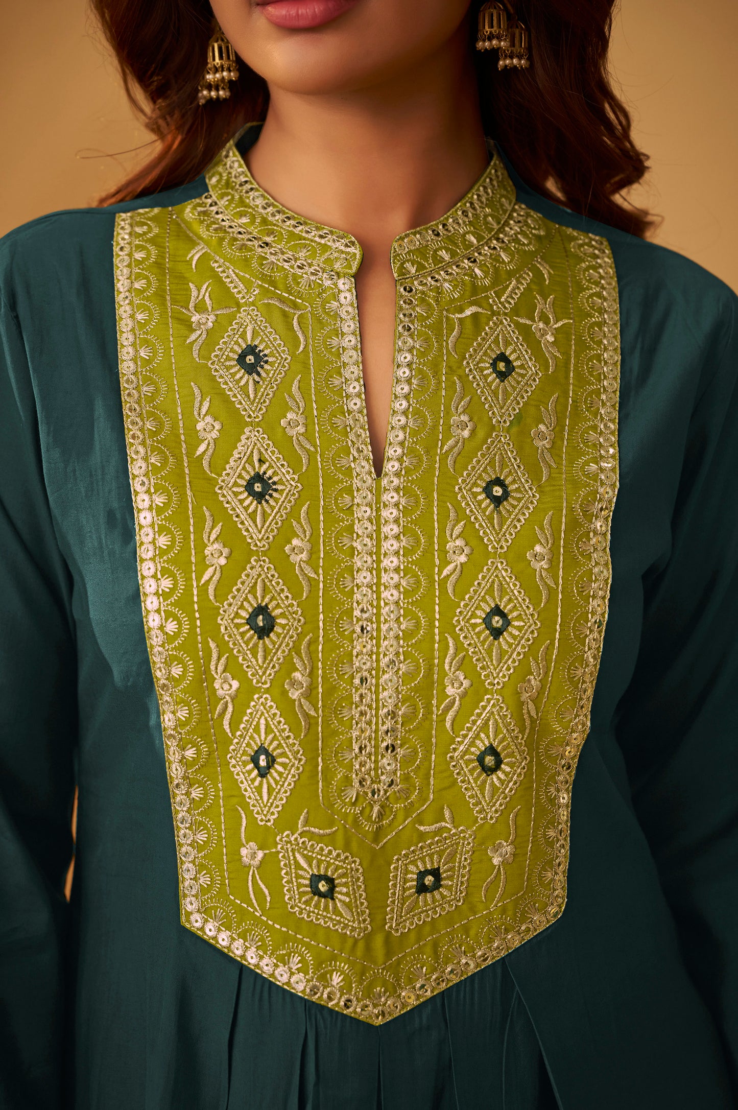 Women's Drak Green Roman Silk Embroidered Flared Co-ord Set