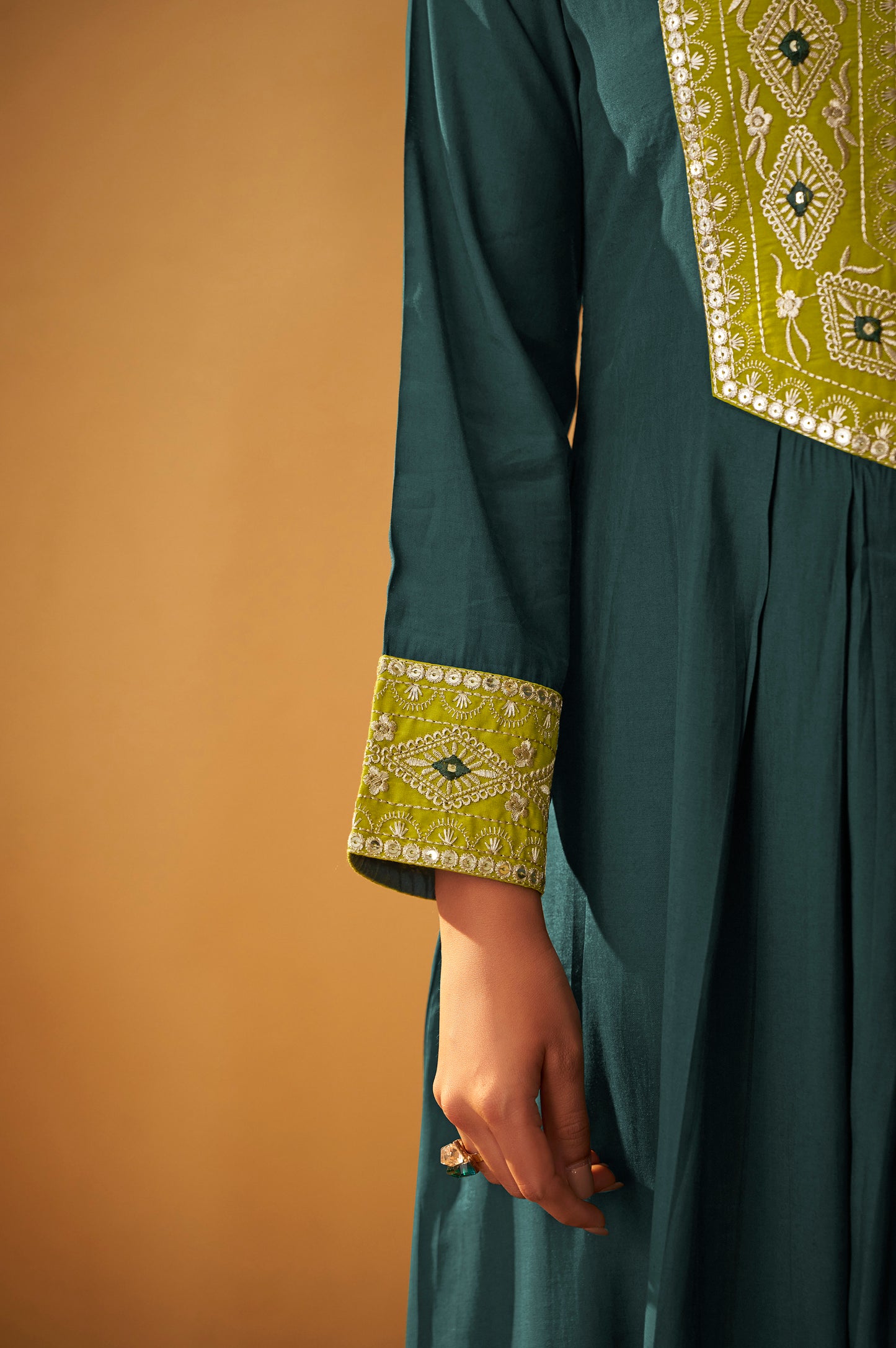 Women's Drak Green Roman Silk Embroidered Flared Co-ord Set