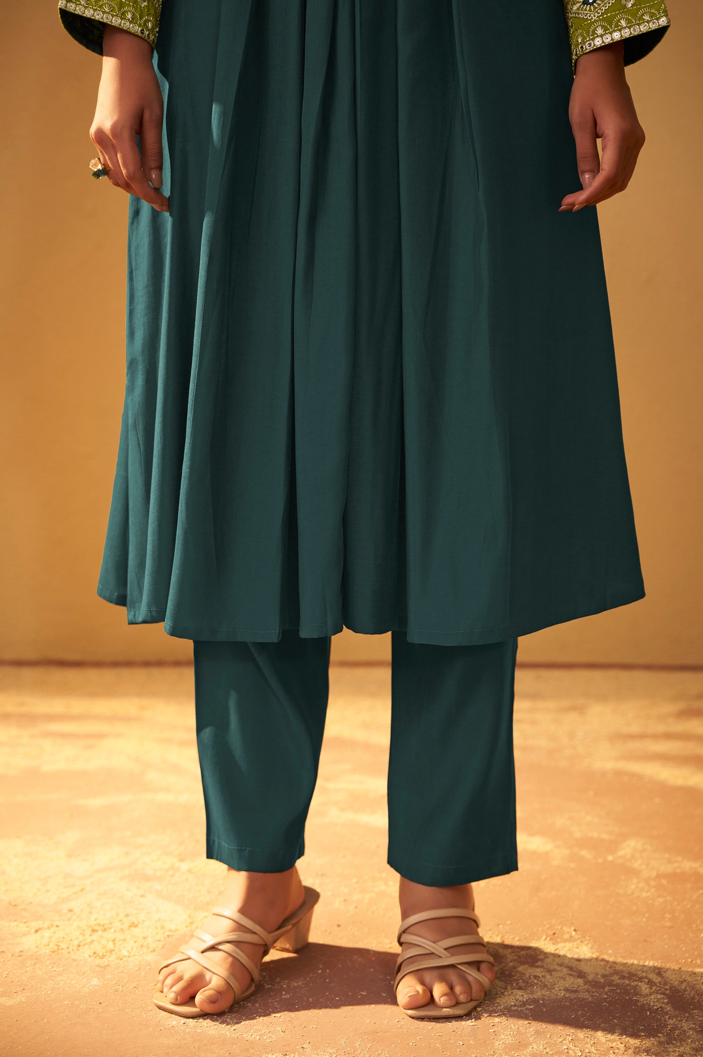 Women's Drak Green Roman Silk Embroidered Flared Co-ord Set