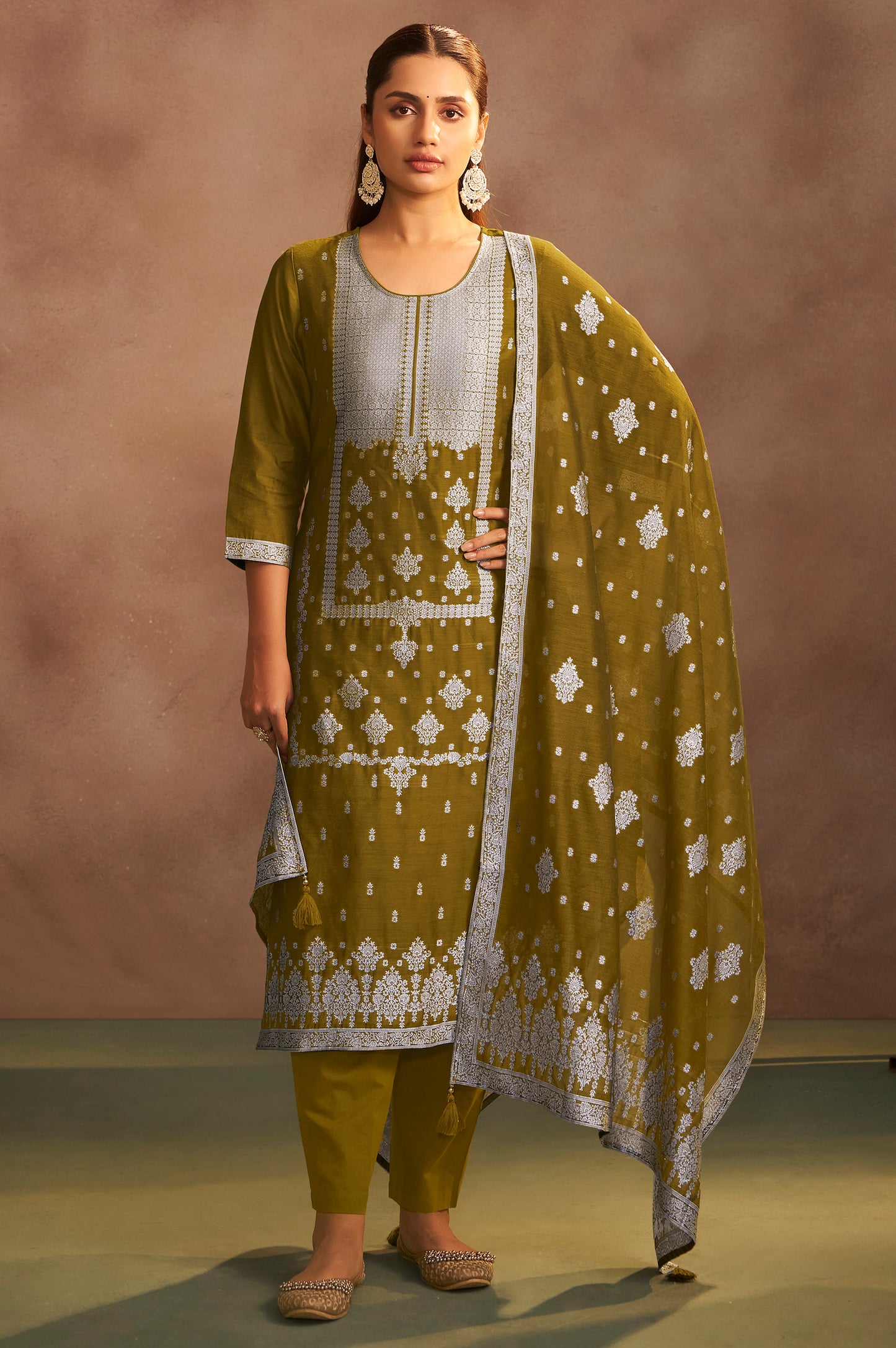 Women's Olive Green Jacquard Art Silk Straight Kurta Set with Cotton Bottom & Silk Blend Dupatta