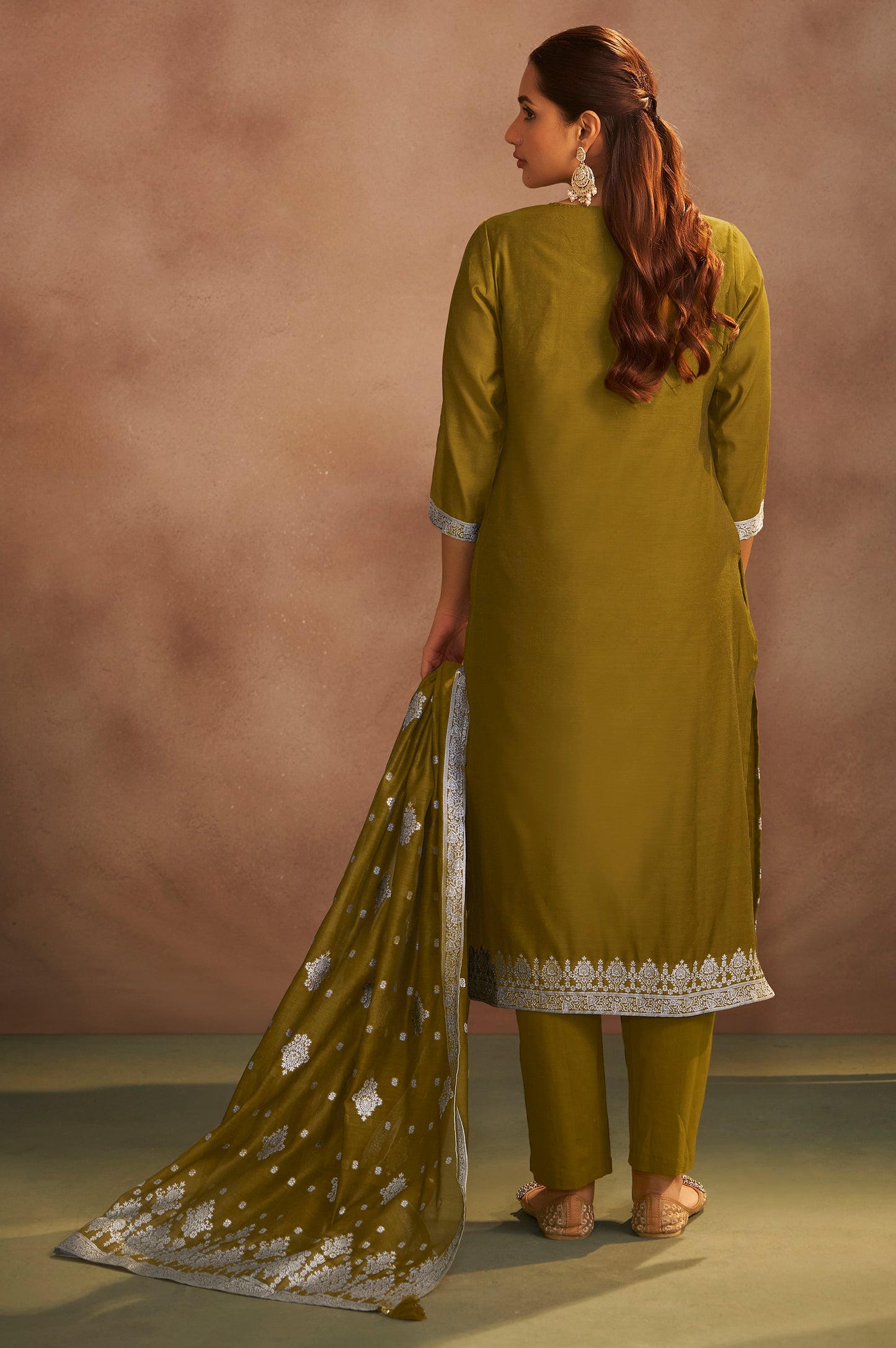 Women's Olive Green Jacquard Art Silk Straight Kurta Set with Cotton Bottom & Silk Blend Dupatta