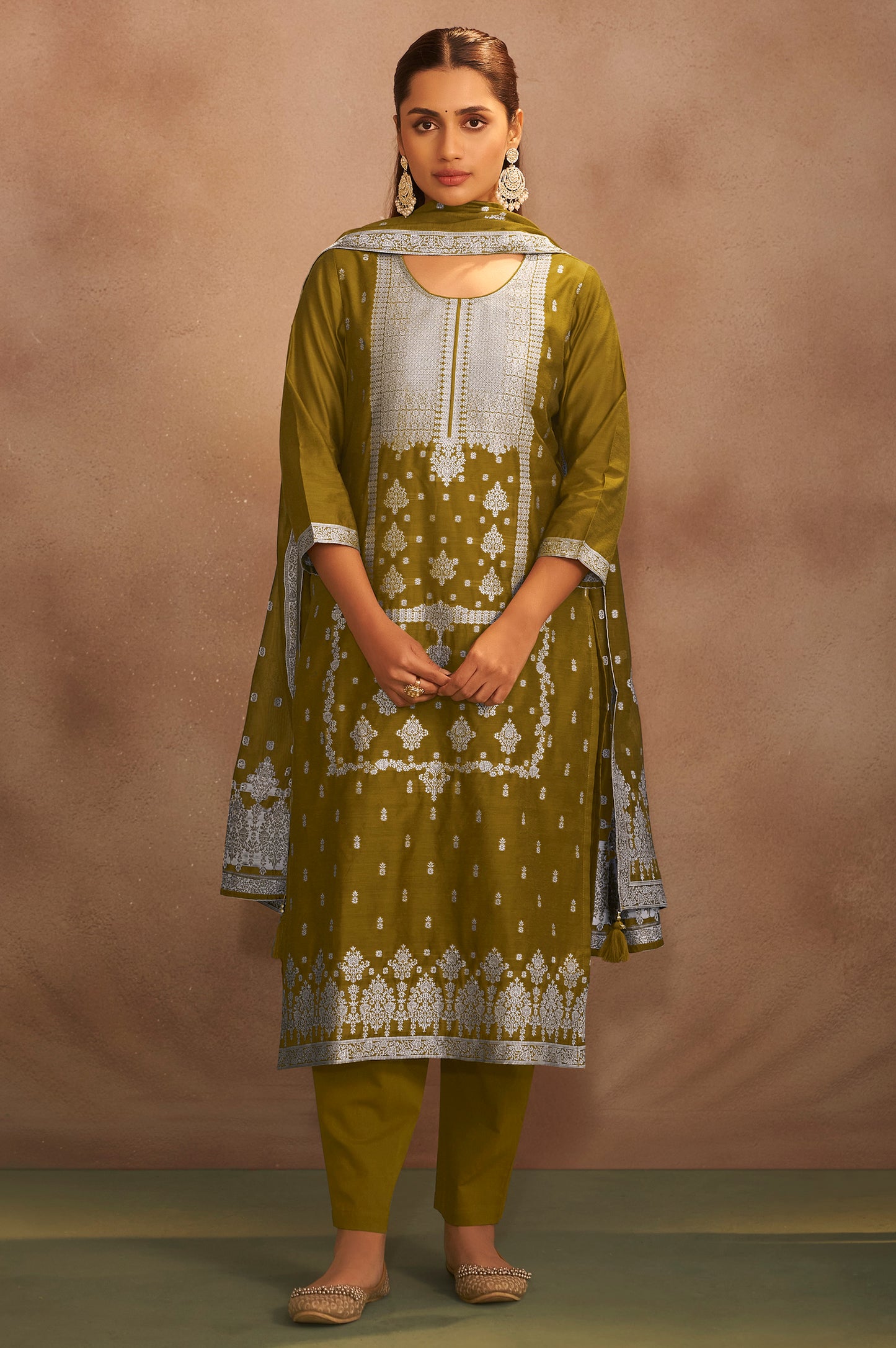 Women's Olive Green Jacquard Art Silk Straight Kurta Set with Cotton Bottom & Silk Blend Dupatta