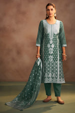Women's Dusty Green Jacquard Art Silk Straight Kurta Set with Cotton Bottom & Silk Blend Dupatta