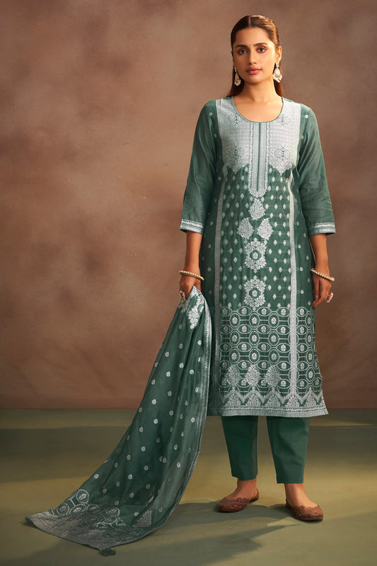 Women's Dusty Green Jacquard Art Silk Straight Kurta Set with Cotton Bottom & Silk Blend Dupatta