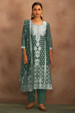 Women's Dusty Green Jacquard Art Silk Straight Kurta Set with Cotton Bottom & Silk Blend Dupatta