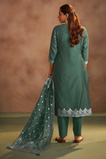 Women's Dusty Green Jacquard Art Silk Straight Kurta Set with Cotton Bottom & Silk Blend Dupatta