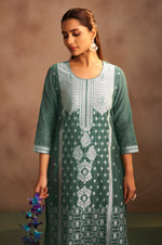 Women's Dusty Green Jacquard Art Silk Straight Kurta Set with Cotton Bottom & Silk Blend Dupatta