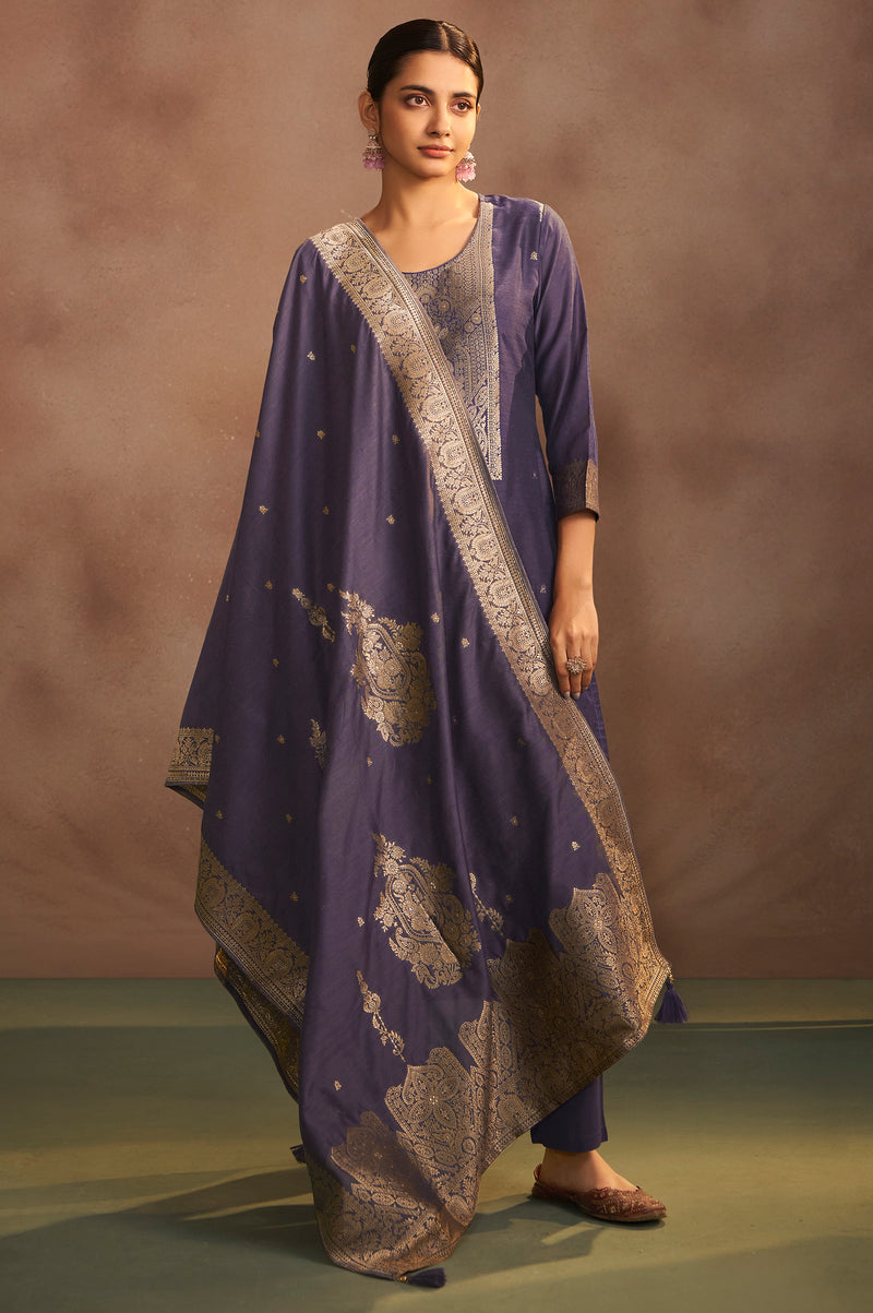Women's Lilac Jacquard Art Silk Straight Kurta Set with Cotton Bottom & Silk Blend Dupatta