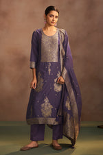 Women's Lilac Jacquard Art Silk Straight Kurta Set with Cotton Bottom & Silk Blend Dupatta