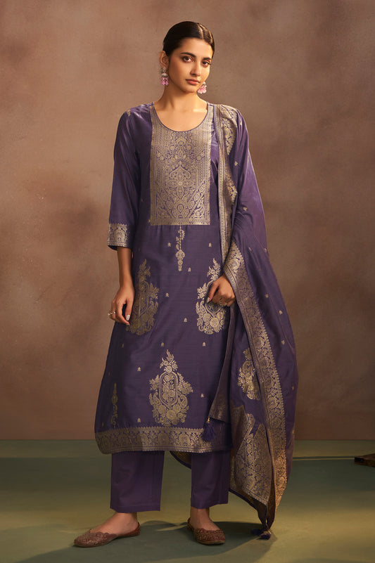 Women's Lilac Jacquard Art Silk Straight Kurta Set with Cotton Bottom & Silk Blend Dupatta