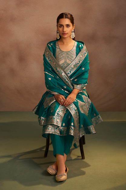 Women's Rama Green Jacquard Art Silk Straight Kurta Set with Dupatta